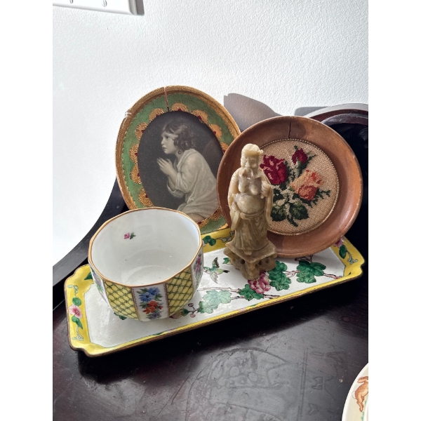 Carved Stone Asian Deity w/ Antique Tea Cup & Snack Plate Embroidered Floral Art & More