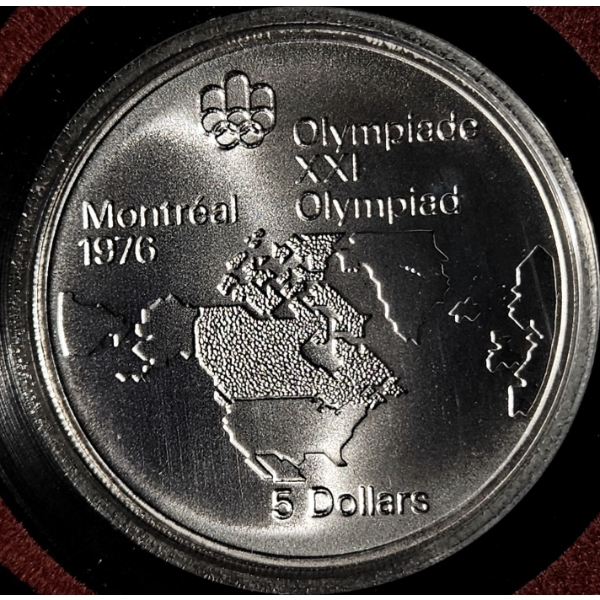 1973 $5 Montreal Olympics - Map of North America 92.5% Sterling Silver Coin 