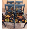 Image 5 : 4 Blue Painted Wood Lyre Back Chairs with Patterned Upholstery