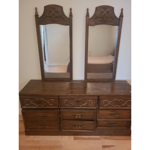 Vintage Wooden Dresser w/ Double Mirrors 65 W, 18 D, 72 T, Nightstand 21 W, 15 D, 22 T 