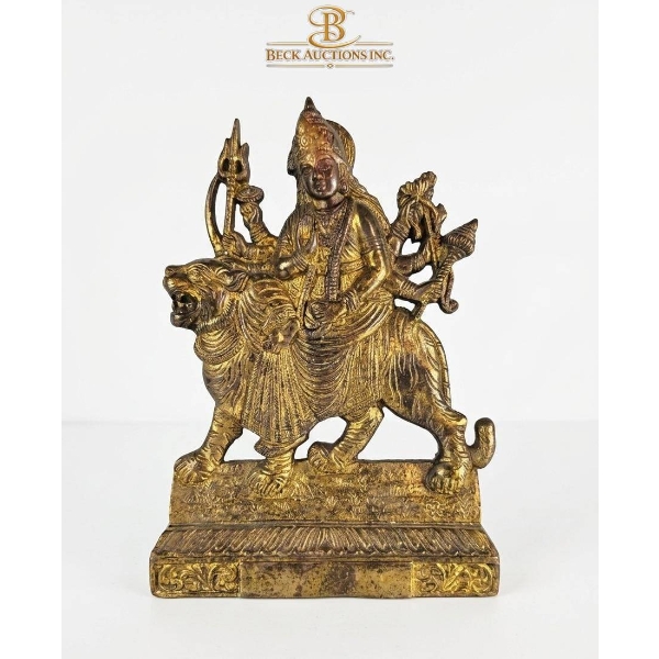 Brass Statue of Goddess Durga Riding a Lion, 11 Inches Tall