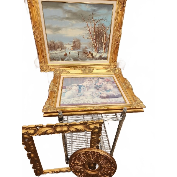 Two Framed Artworks: German Winter Scene and HG Plumb “Five Sense Kitten”