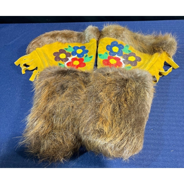 Hand Crafted Mitts made of Beaver and Deer with Beadwork