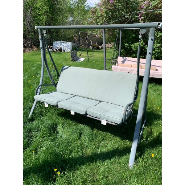 Two Outdoor Metal Swing Bench with Cushioned Seats on One Swing