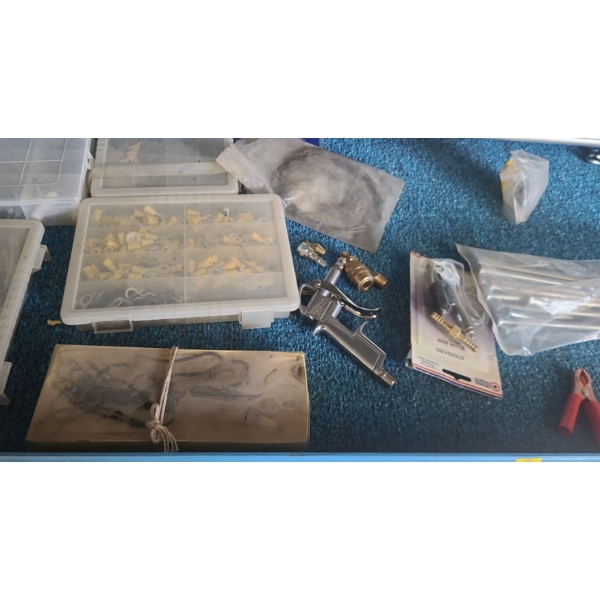 Contents of Drawers Including: Plastic Organizers, Assorted Hardware, Staple Guns and More!
