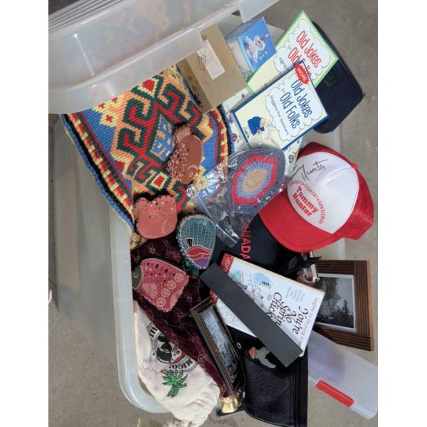 Plastic Storage Bin Containing Assorted Decorative and Miscellaneous Items