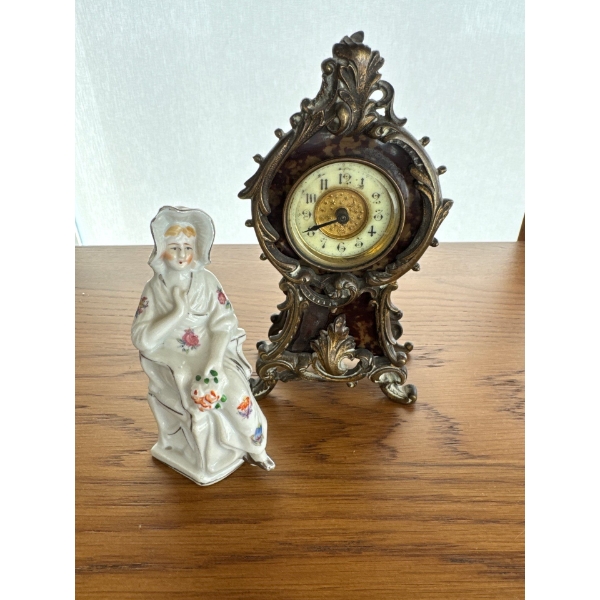 Antique Decorative Items - Gorgeous Rococo Style Mantel Clock w/ Porcelain Figurine 