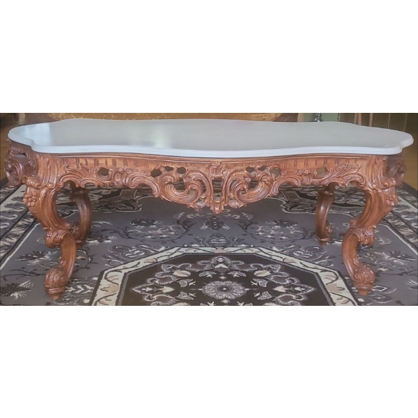 Antique Ornate Art Nouveau Wooden Coffee Table w/ Marble Top - 54W, 25D, 20T