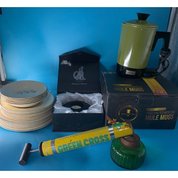  Copper Moscow Mule Mugs, Hand Painted Kootenay Creation Light, Johnson Bros China (Chipped) & More