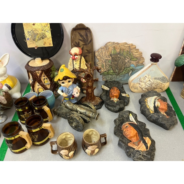  some Native American ceramic painted wall hangers, a Canon, some mushroom mugs, some made in Taiwan