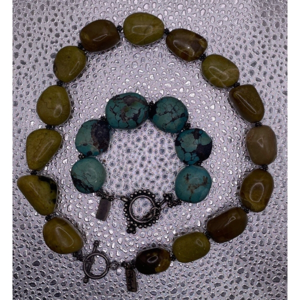 Vintage Britta Bracelets: Turquoise & Jade Stones With Stained Silver Charms 8" & 3"
