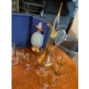 Image 2 : Vintage Stunning Amber Glass Wine Cordial Decanter with 5 glasses along with vintage bourbon bottle 