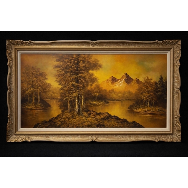 This is a vintage landscape oil painting, likely from the mid-20th century, depicting a forest