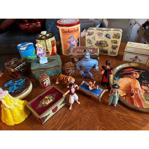 Collection of Disney figures from Aladdin Coca-Cola, serving tray and a selection of vintage tins