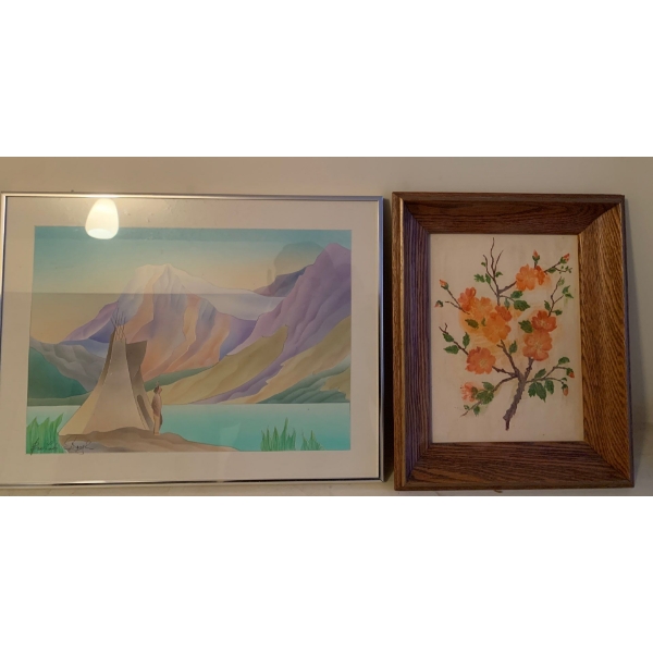 Bow Lake Indigenous Sketch w/ Floral Oil on Board Art 16x12
