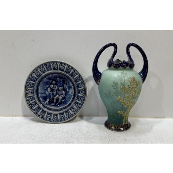 Antique Royal Kinran Nippon Handpainted Vase and Intricate Carved German Plate