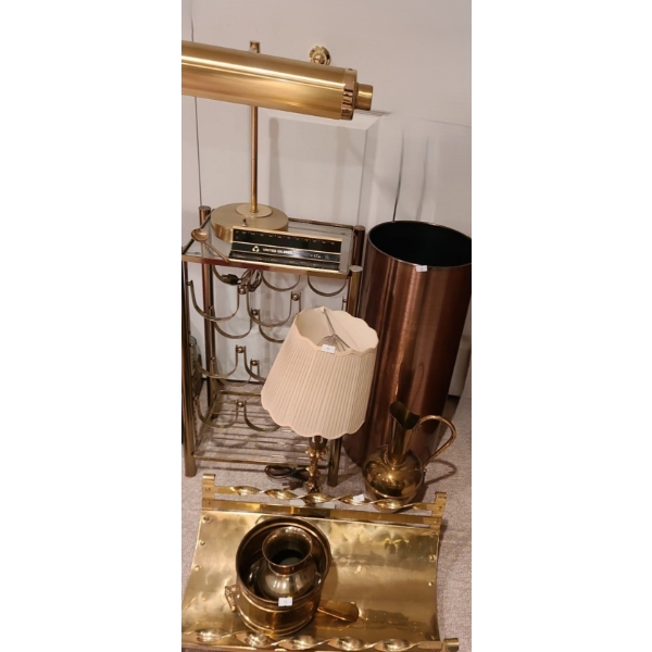 Brass and Metal Items: Task Light, Wine Rack 14 W, 10 D, 23 T, Lamp 20 T, Planter 23.5 T and More!