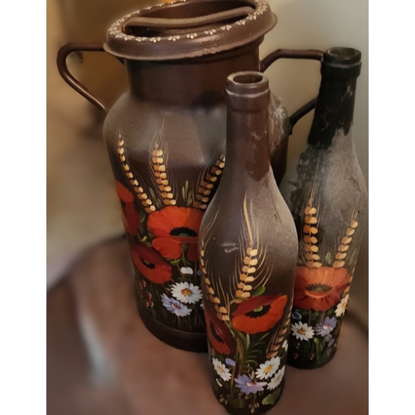 Painted Milk Jug 9" Lid/ 11" Base, 20 T and 2 Painted Large Wine Bottles 19 T