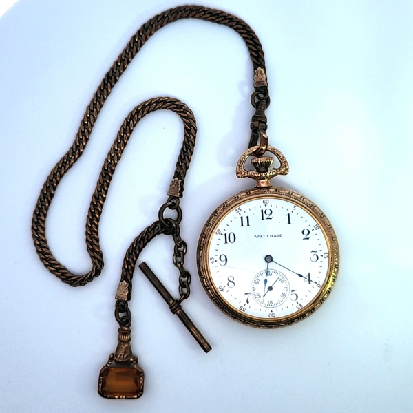 Waltham Gold Filled Picket Watch With Brass Chain & Fob