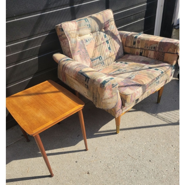 Teak Accent Chair w/ Jacquard Upholstery Brass Embellished Legs & Teak End Table
