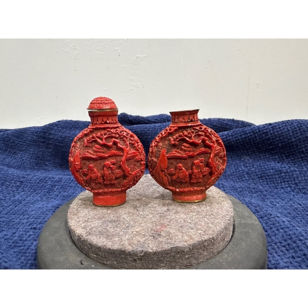 Set of 2 Red Carved Snuff Bottles with a Spoon 3H
