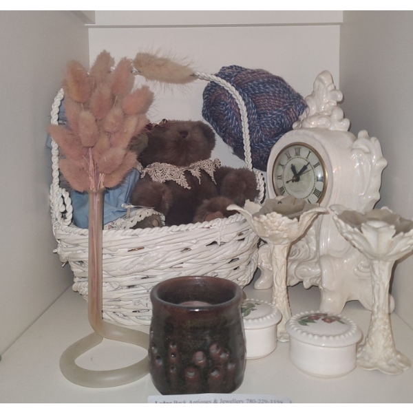Assorted Household Collectibles, Basket, Candle Holders & Clock 11 h