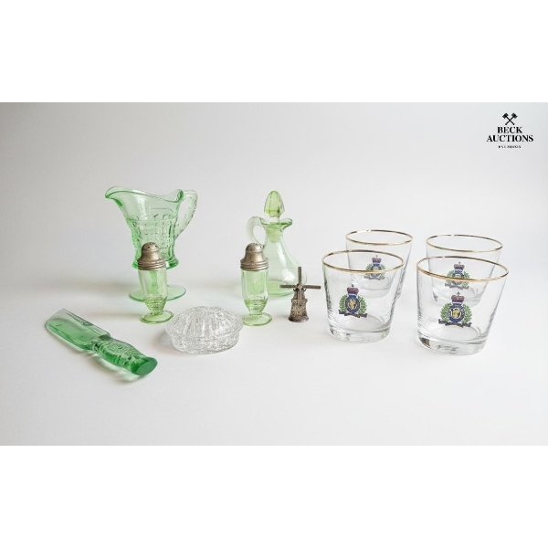 Collection Of Antique Items Including Vintage Green Depression Glass And Commemorative Drinkware. 
