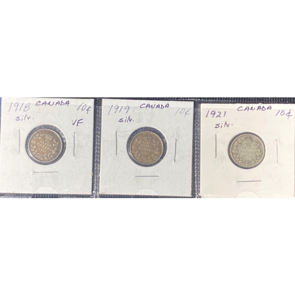 1918 - 1921 Canadian Sterling Silver Dimes