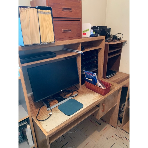 Complete Wooden Desk With Shelves, Samsung Monitor, and Office Accessories Router not Included