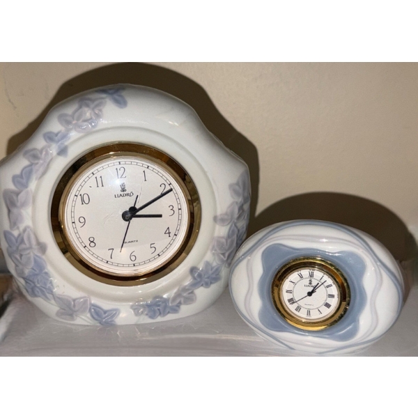 Lladro Clocks: Large 6 W, 2 D, 5.5 T (Broken Hand as Shown) and Small 3 T 