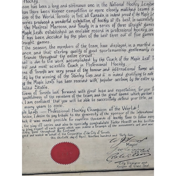 Framed Maple Leaf Hockey Team Certificate, 20" x 25"