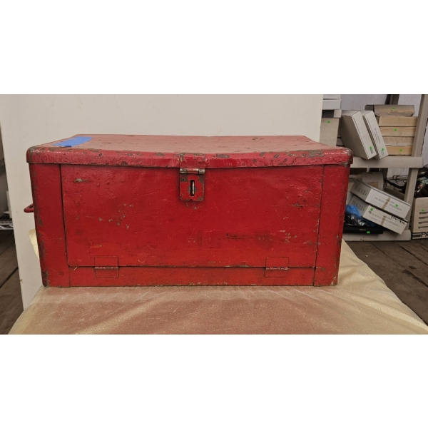 Red Metal Toolbox with Assorted Tools