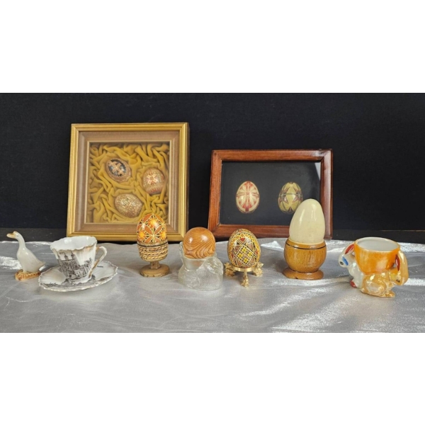 Decorated Eggs with Framed Displays and Porcelain Pieces