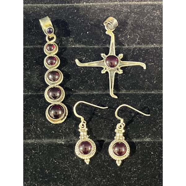 Collection of Red/Purple Stone Pendants and Earrings 