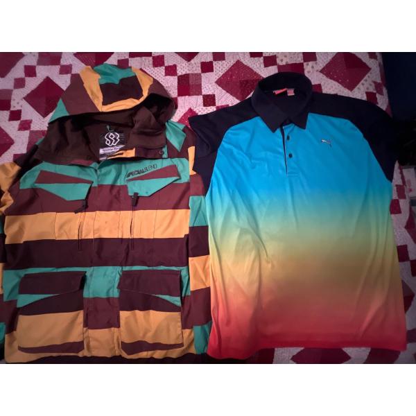 boys special blend size small ski jacket and Adidas colourful golf shirt