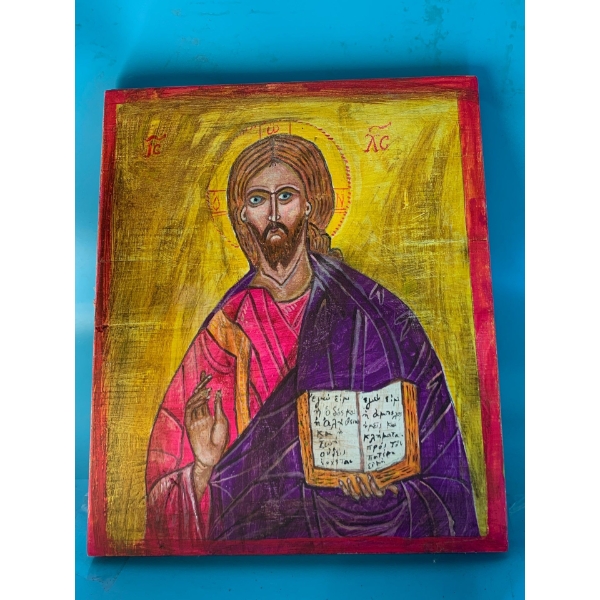 Christ Blessing Painted on a Wooden Board - 10x12