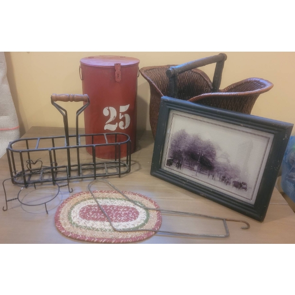 Basket, Metal Bin, Vintage Style Photo, Iron Holders and Mat