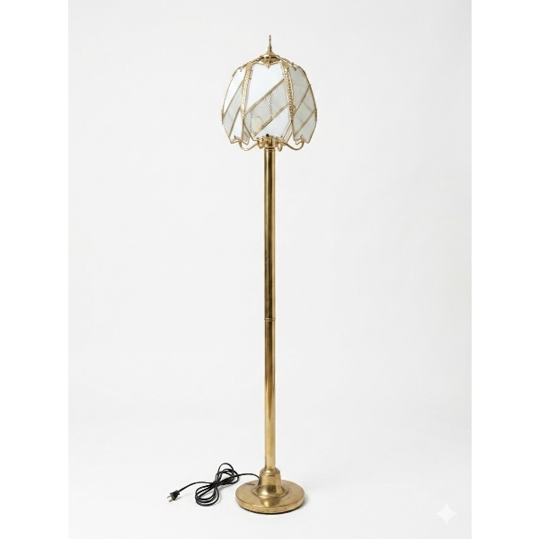 Brass Floor Lamp With Frosted Glass Shade and Art Deco Design