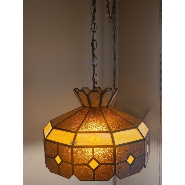 Vintage Swag Chain Stained Glass Light Fixture 15" Diameter Shade, 9.5 T (Shade Measurements)