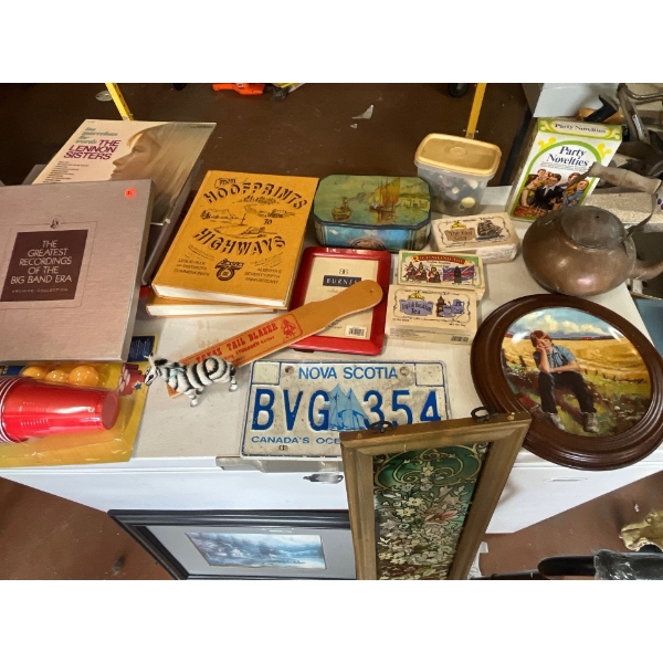 collection of vintage items, including a very nice cabin, print painted stained glass window, copper