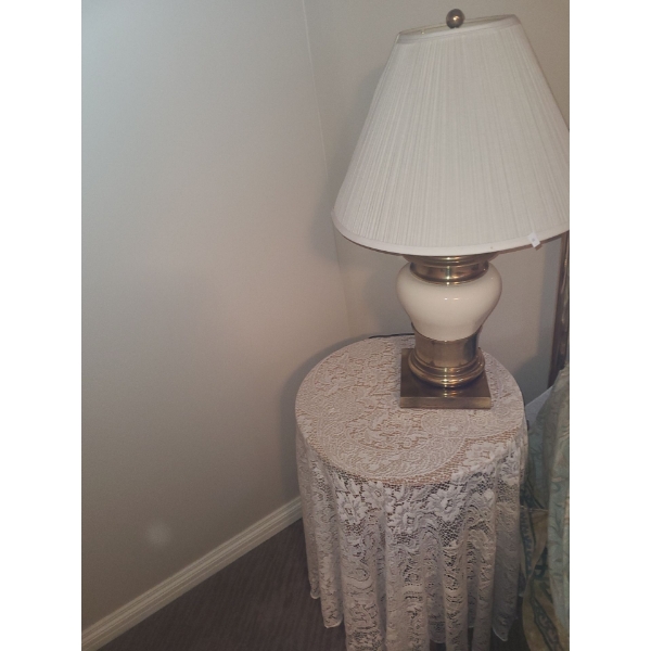 Brass and Ceramic Lamp 7.5 X 7.5 Base, 29 T to Top of Finial, Decorator Table 20" Diameter and Cloth