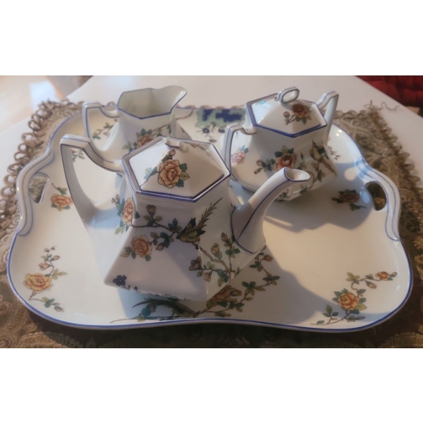 Limoges France China Set;  Tea Pot (Cracked), Creamer, Sugar Dish (Cracked), Tray 