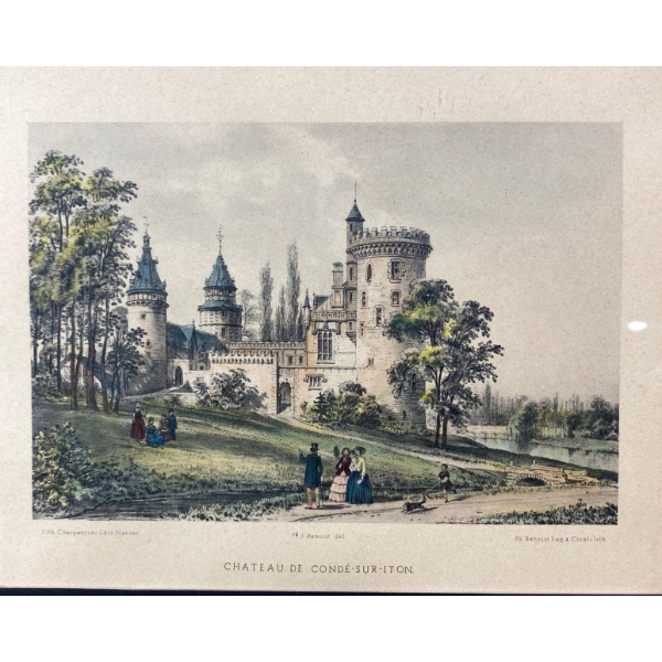 Colored Lithograph Print Titled ""CHATEAU DE CONDÉ-SUR-ITON" Felix Benoist