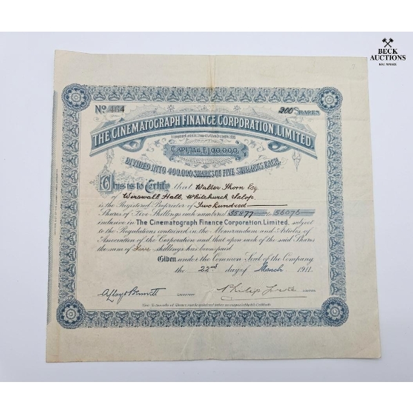 Vintage Stock Certificate From The Cinematograph Finance Corporation, Limited, Dated March 22, 1911.
