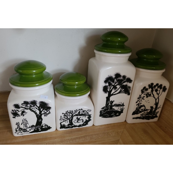 Vintage Ceramic Canisters w/ Country Scenes- Tallest: 5 W, 13 T
