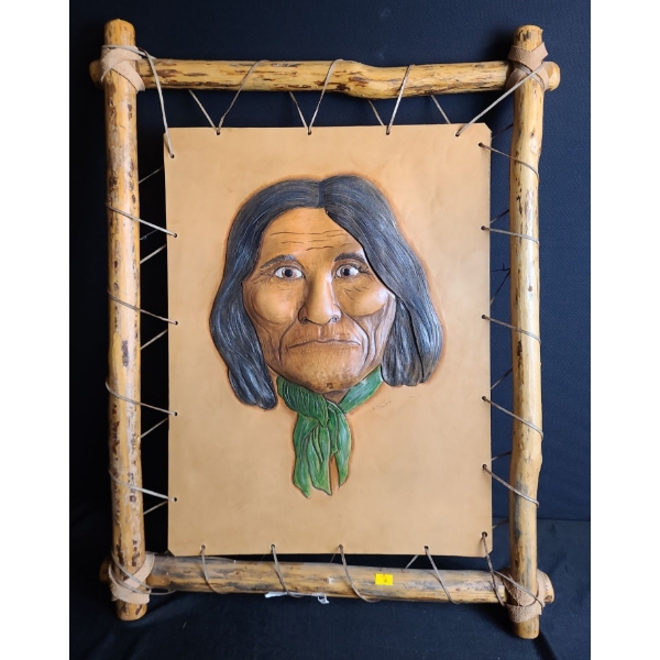 Indigenous Face Painted on Relief Leather  23 X 30, Attached to Frame 