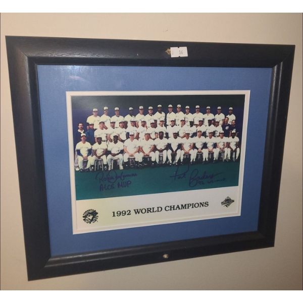 Blue Jays 1992 World Champions Photo w/2 Autographs, Incl: Pat Borders, 14.5 X 12 Framed Under Glass