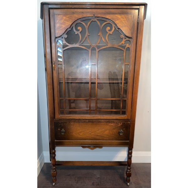 Glass Front Wood China Cabinet with Drawer- From Camrose 1930’s