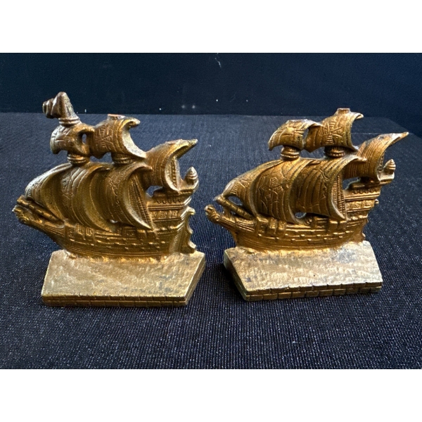 Gilt Iron Sailing Ship Book Ends 4T