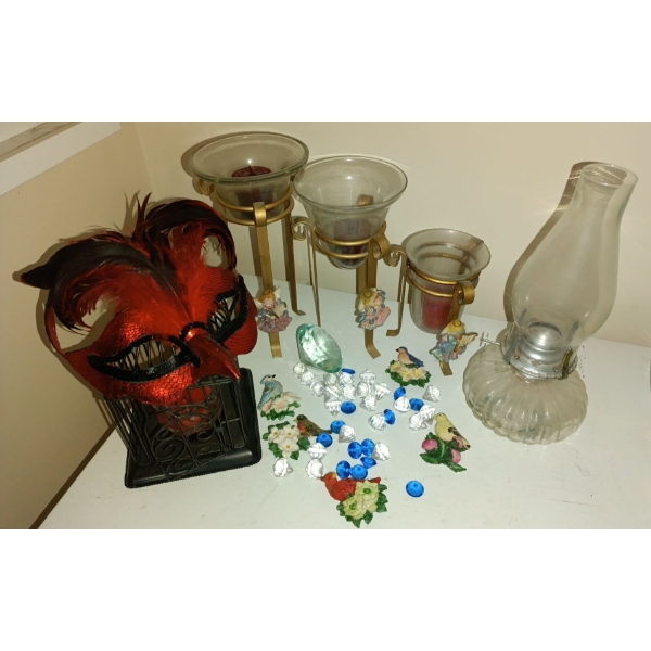 Vintage Oil Lamp w/Assorted Home Decor   Mini Bird Cage, Bird Mask, Fridge Magnets And Matching Cand